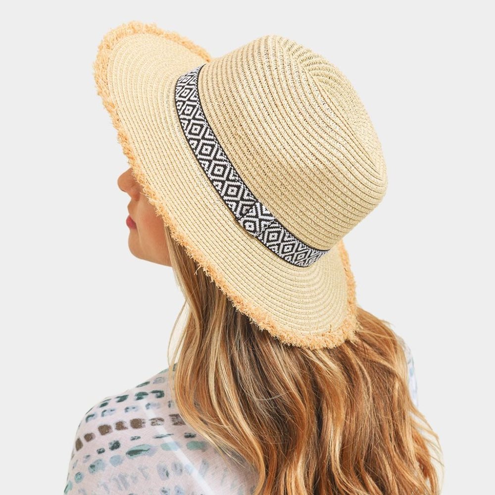 Frayed trim Aztec Straw Hat